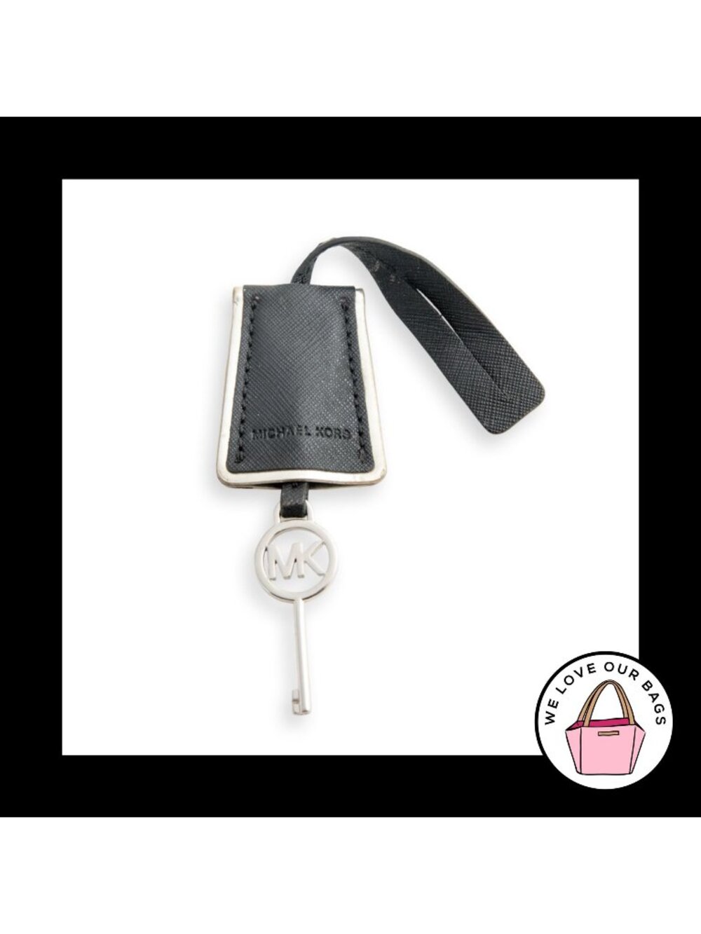 MICHAEL KORS CLOCHETTE Silver Key Black Leather Bag Charm Hang Tag Keychain Fob